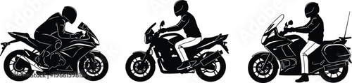 Set of motorcycle rider silhouettes featuring sport bike, cruiser, and touring motorbike, various biker icons for transportation and extreme road trip adventure. (21 words)