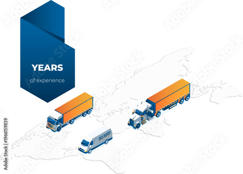 A stylized isometric illustration of three trucks on a minimalist map, with a blue geometric shape containing the text "YEARS of experience,"  flat design and vector art