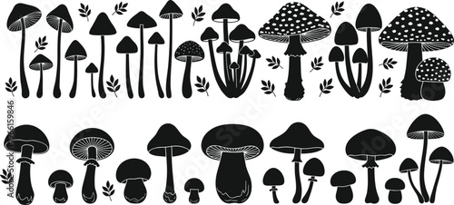 Set of mushroom silhouettes featuring various fungi species and forest leaves for botanical design, autumn nature, and magical woodland concept illustrations.