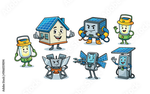 Cute cartoon solar powered devices and house characters with solar panels