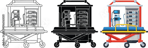 Ambulance stretcher with essential medical equipment presented in outline silhouette and full-color vector illustrations ideal for healthcare design and emergency service concepts