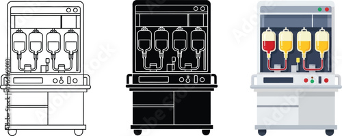 Blood processing machine vector illustration set featuring flat design outline and silhouette styles ideal for medical infographics and healthcare concepts