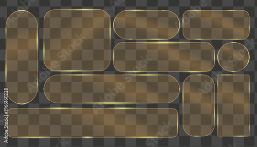 Set of glassmorphism buttons and frames with golden glowing light borders