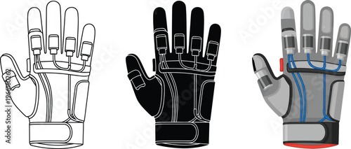 Collection of robotic or haptic feedback gloves presented in outline solid black and detailed color vector styles ideal for virtual reality and future technology designs