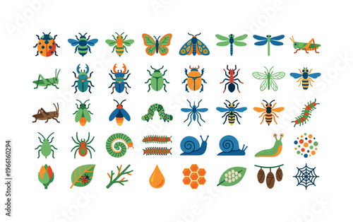 Collection of colorful insect and garden creature icons in a flat design style