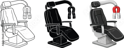 Dental examination chair vector illustration set featuring outline silhouette and realistic styles for medical and healthcare design projects