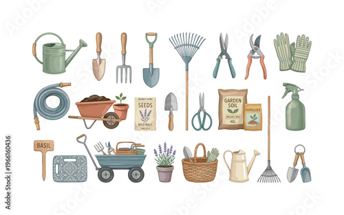 Collection of gardening tools and supplies for planting and maintenance