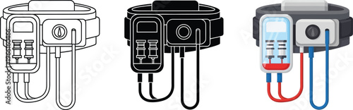 Set of portable medical diagnostic device illustrations featuring outline solid and color vector styles for healthcare technology and patient monitoring