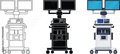 Εκτύπωση καμβά Medical workstation with dual monitors presented in flat design line art and sil