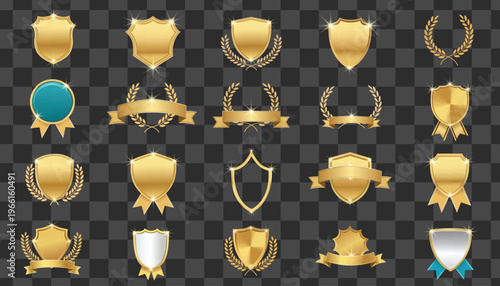 Set of golden shields, badges, ribbons, and laurel wreaths for awards and emblems