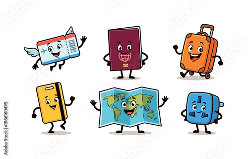 Cute cartoon travel items with faces and limbs having fun together