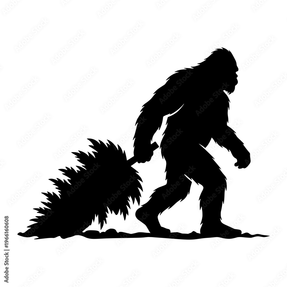 Fototapeta premium Bigfoot Holding Christmas Tree Silhouette