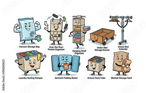 Cute cartoon characters representing various home organization and storage solutions