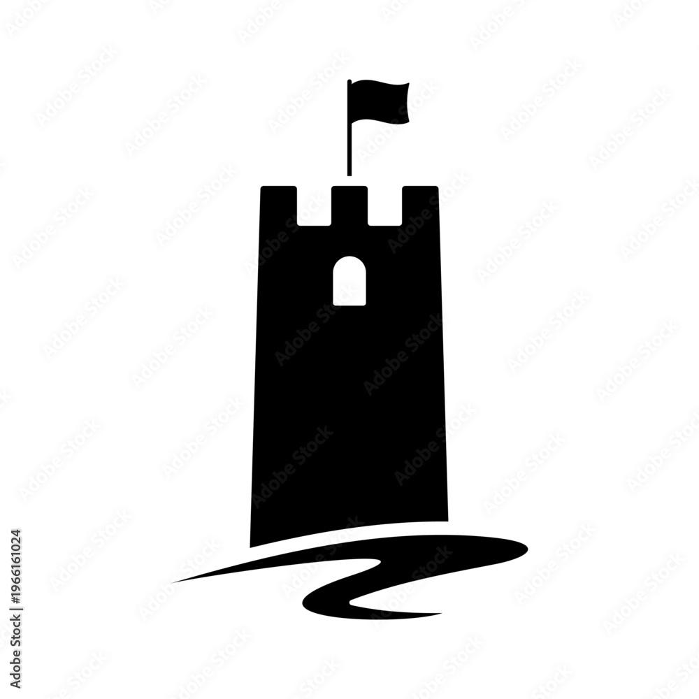Fototapeta premium Castle tower with flag icon. Black silhouette. Front and side view. Vector simple flat graphic illustration. Isolated object on a white background.