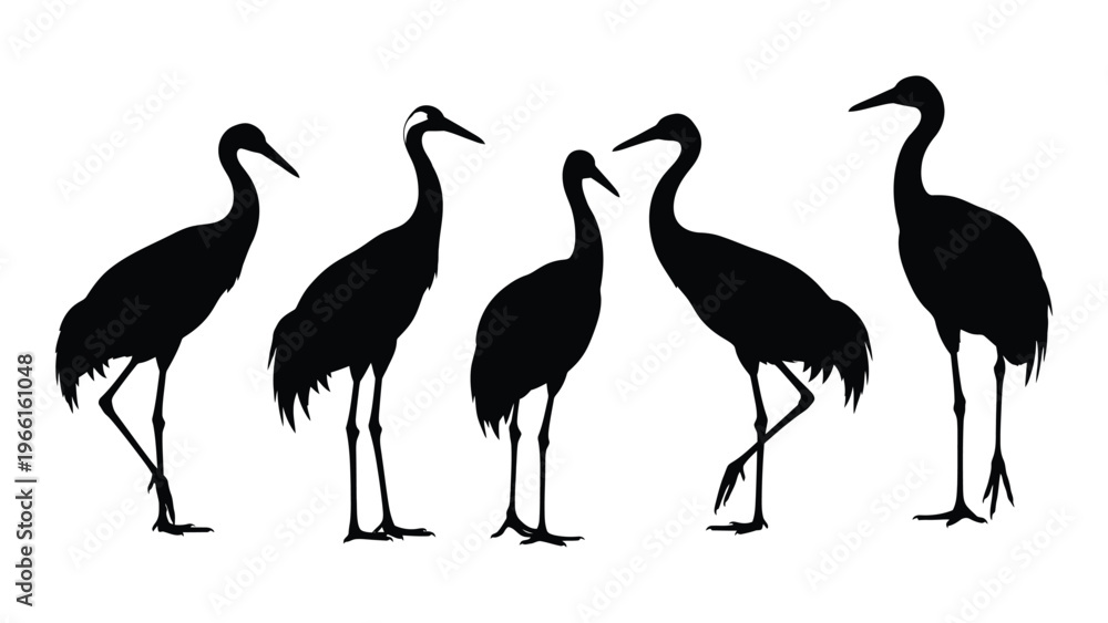 Fototapeta premium Silhouette illustration of five cranes in various poses against a white background
