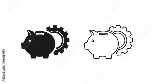 black and white piggy bank icons with gear Vector