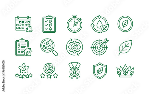 Collection of green eco-friendly icons representing sustainability and environmental care