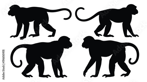 Four monochrome silhouettes of monkeys in various walking and seated poses
