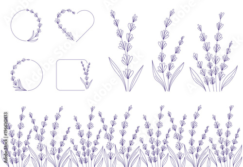 Hand-Drawn Lavender Line Art Set, Botanical Elements, Logo Frames, Floral Wreaths