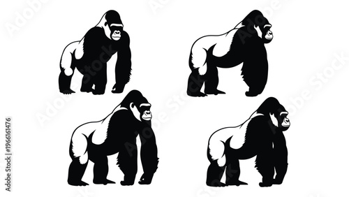 Four monochrome gorilla illustrations in varying poses displayed against a white background