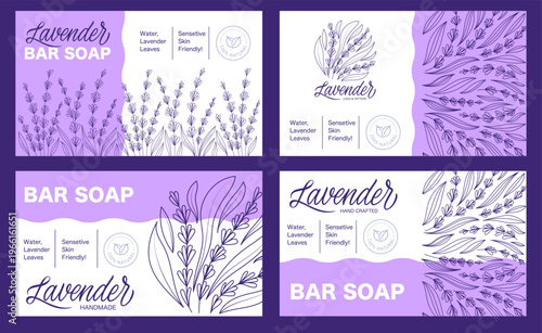Lavender Line Art Label Templates Set, Hand-Drawn Botanical Packaging Design