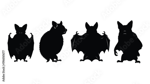 Silhouette of four bats in various poses against a white background