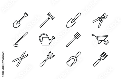 Collection of simple line art icons representing essential gardening tools