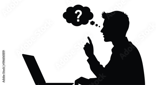 Silhouette of confused man thinking on laptop computer with question mark in thought bubble, representing problem solving and uncertainty in business or education