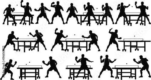 Set of table tennis player silhouettes featuring athletes in action poses with paddles and tables for ping pong sports competition.