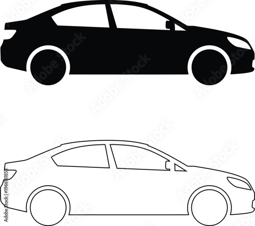 Black silhouette of a modern sedan isolated on transparent background