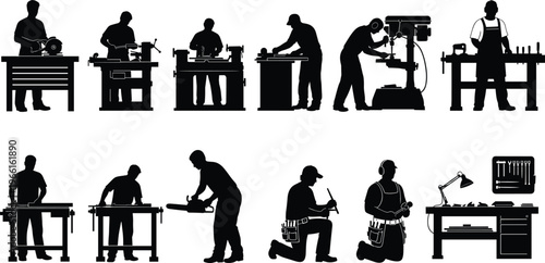 Set of twelve carpenter and woodworker silhouettes operating power tools, saws, and drills at workbenches, professional woodworking craftsmanship on white background