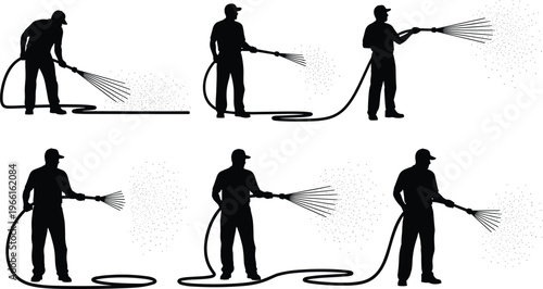 Set of worker silhouettes using high pressure sprayers for pest control, garden watering, professional cleaning, and industrial sanitation service concepts.