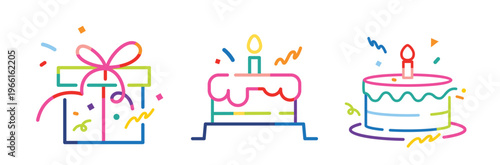 Birthday banner, poster and greeting card design with gift, cake and pie in colorful flat geometric style, minimal line art illustration with playful confetti on a bright white background