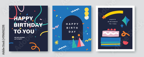 Happy birthday card set, invitation, poster and greeting template collection with cake, candles, balloons, gifts and typography in colorful flat geometric style on dark navy background