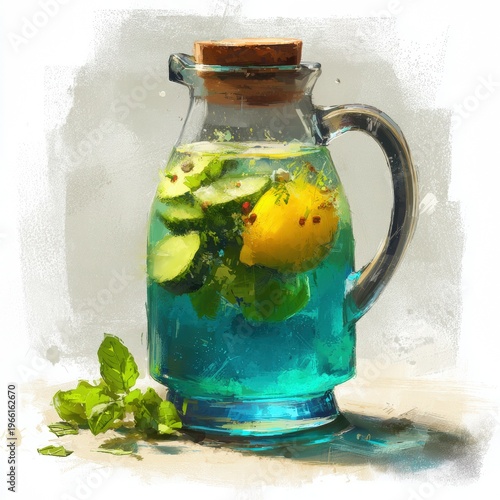 Abstract illustration of fruit infusion water in glass pitcher, vibrant green-blue hues, fresh mint leaves, and citrus slices, evoking refreshing summer vibes with copy space