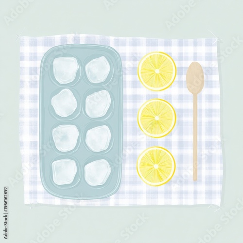 Deconstructed lemonade flat illustration featuring ice cube tray, lemon slices, honey dipper on pastel gingham background with copy space for design