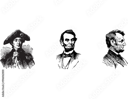 Three black and white historical portrait illustrations, featuring Abraham Lincoln and a colonial-era figure, depicting prominent historical individuals.