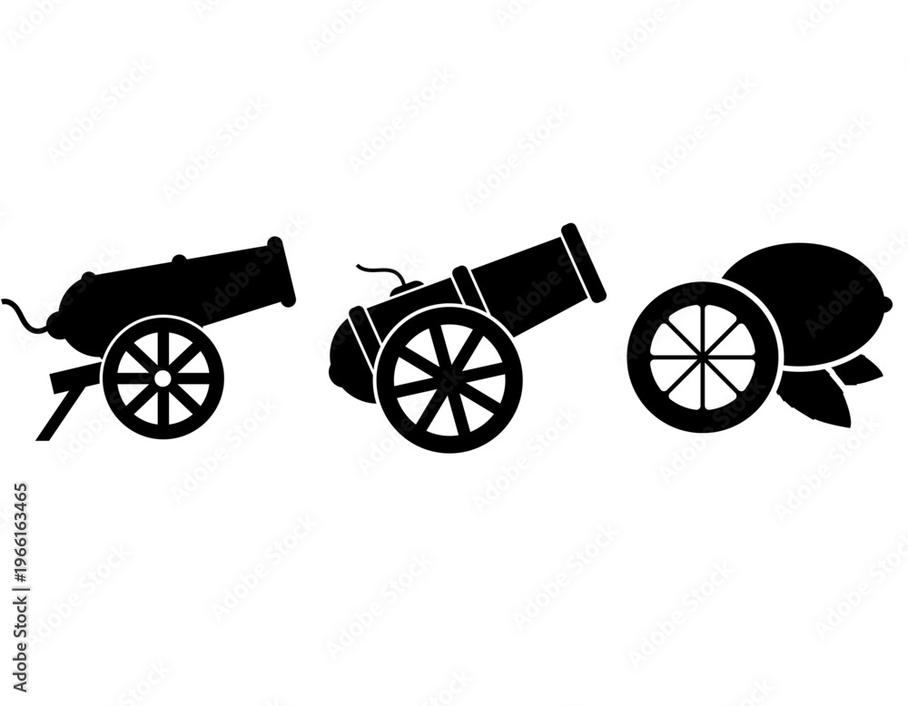 Fototapeta premium Three black silhouette illustrations featuring two traditional cannons and a third whimsical cannon firing a large lemon.