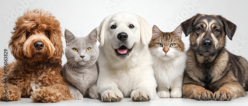 Cute pets group portrait on white background with poodle dog labrador retriever cats and shepherd dog