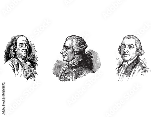 Three historical black and white portraits of prominent 18th-century figures: Benjamin Franklin, Marquis de Lafayette, and John Adams, depicted in an engraved style.