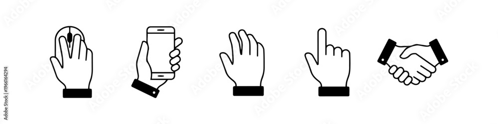Obraz premium Minimalist black and white line art icon set featuring hand gestures for technology and business, including computer mouse use, holding a smartphone, pointing, and a handshake.
