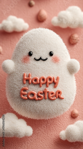 Cute fuzzy Happy Easter character on pink background with clouds kids holiday greeting card