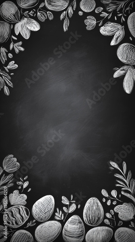 Black chalkboard background with hand drawn Easter eggs and floral frame copy space design