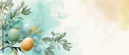 Watercolor spring Easter background with pastel eggs and green leaves soft floral illustration