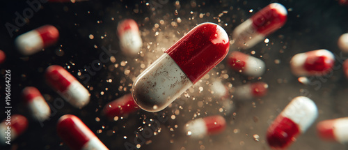 Flying red and white capsules with sparks dramatic pharmaceutical medical background
