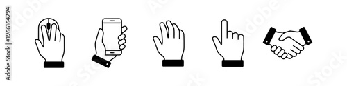 Minimalist black and white line art icon set featuring hand gestures for technology and business, including computer mouse use, holding a smartphone, pointing, and a handshake.