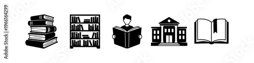 Set of minimalist black and white library icons including a stack of books, bookshelf, student reading, school building, and open book. Perfect for educational and academic designs.