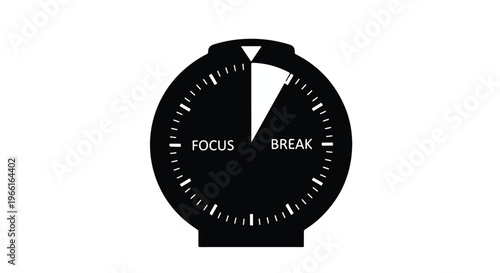 Black and white focus break dial gauge with timer markings on plain background for productivity and time management concept