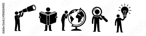 A set of five minimalist black icons featuring stick figures that symbolize discovery, learning, global exploration, analysis, and innovation, perfect for business and educational presentations.