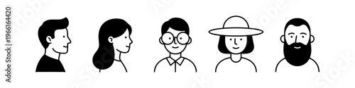 Set of minimalist line art avatars of a diverse group of people. Five black and white icons featuring men and women with various hairstyles, glasses, a beard, and a hat.